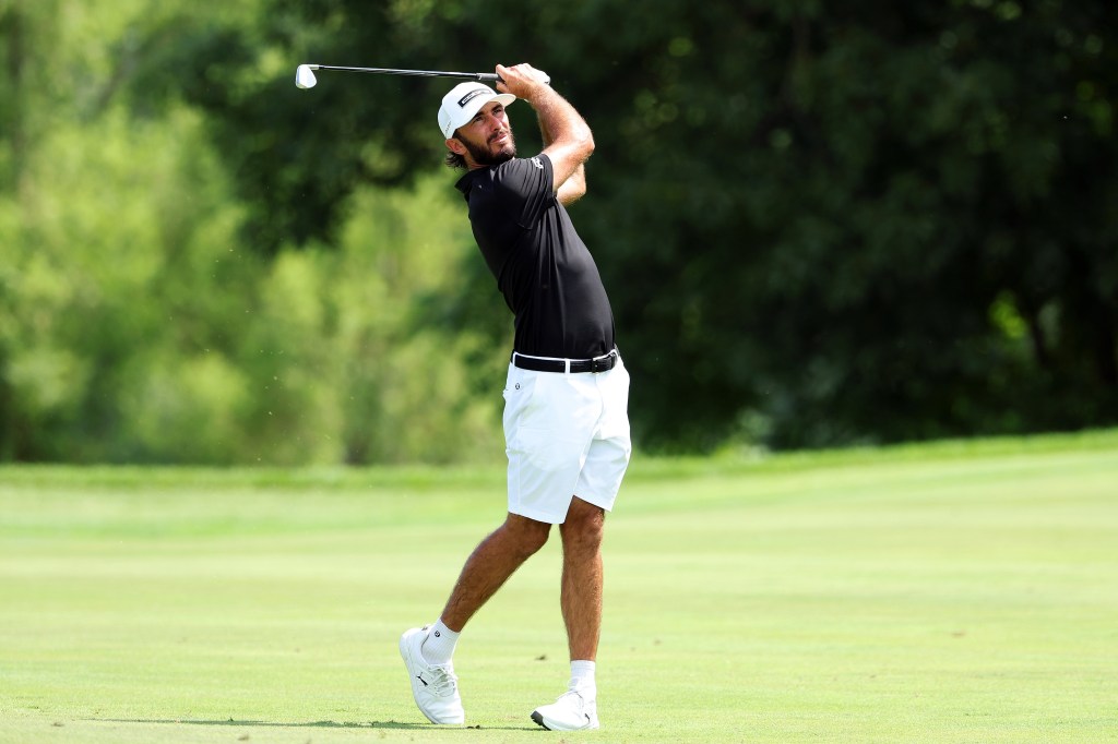 Max Homa of the United States plays his shot on the 15th hole during a practice round prior to the John Deere Classic 2025 at TPC Deere Run on July 02, 2025 in Silvis, Illinois.