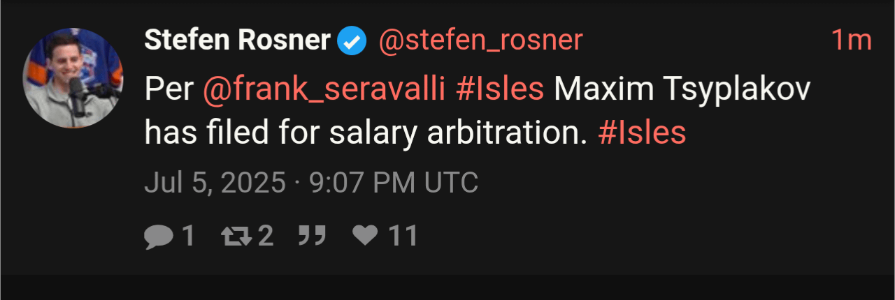 [Rosner] Per @frank_seravalli #Isles Maxim Tsyplakov has filed for salary arbitration. #Isles