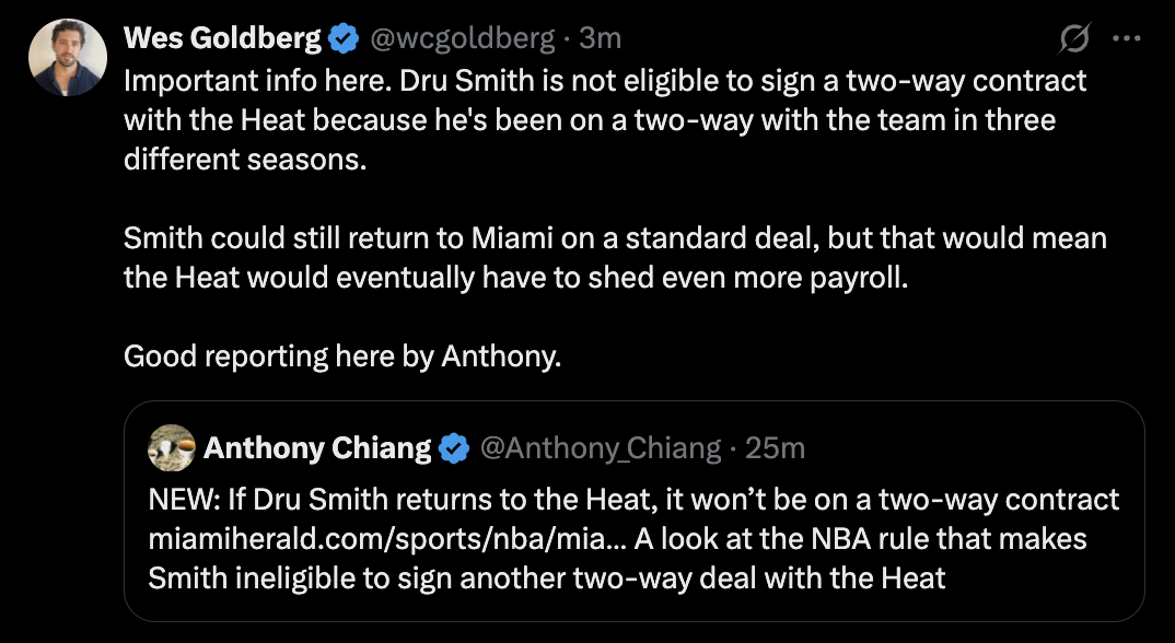 Dru Smith is not eligible to sign a two-way contract with the Heat because he's been on a two-way with the team in three different seasons. 

Smith could still return to Miami on a standard deal, but that would mean the Heat would eventually have to shed even more payroll.
