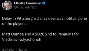 [Friedman] Delay in Pittsburgh/Dallas deal was notifying one of the players... Matt Dumba and a 2028 2nd to Penguins for Vladislav Kolyachonok
