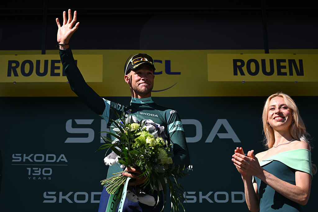 ROUEN, FRANCE - JULY 08: Jonathan Milan of Italy and Team Lidl - Trek celebrates at podium as Green Sprint Jersey winner during the 112th Tour de France, Stage 4 a 174.2km stage from Amiens Metropole to Rouen / #UCIWT / on July 08, 2025 in Rouen, France. (Photo by Dario Belingheri/Getty Images)