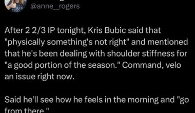 [Anne Rogers] “ After 2 2/3 IP tonight, Kris Bubic said that "physically something's not right" and mentioned that he's been dealing with shoulder stiffness for "a good portion of the season." Command, velo an issue right now. Said he'll see how he feels in the morning and "go from there."