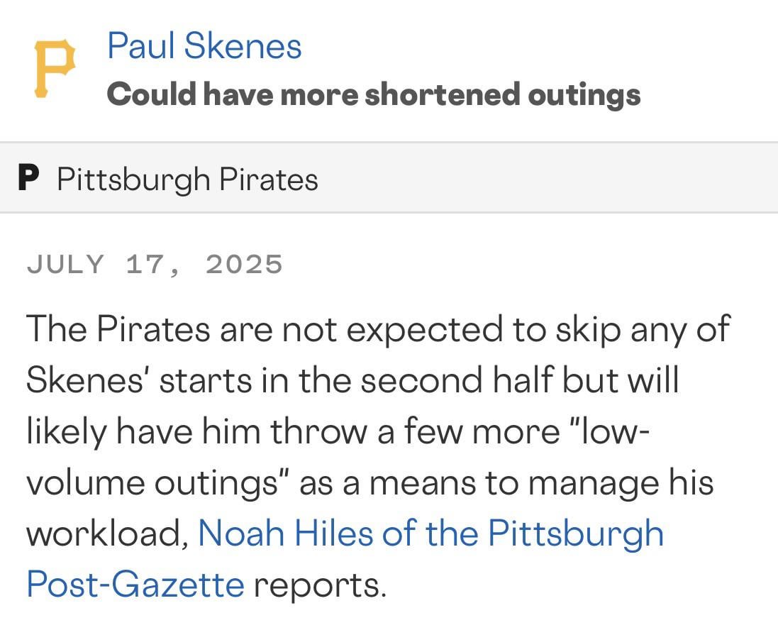 Skenes reportedly to have his outings shortened