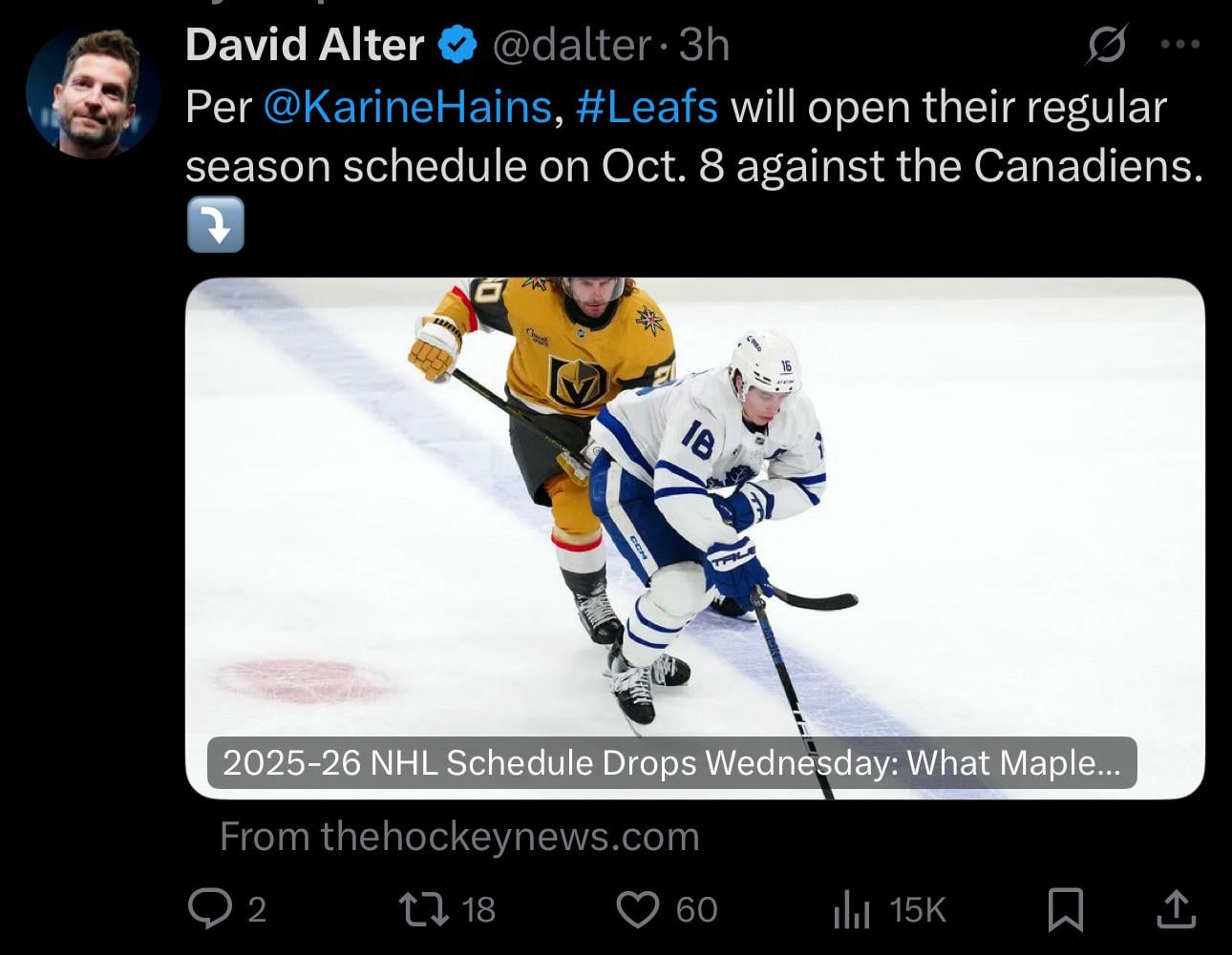 Leafs will open their regular season schedule on Oct. 8 against the Canadiens.