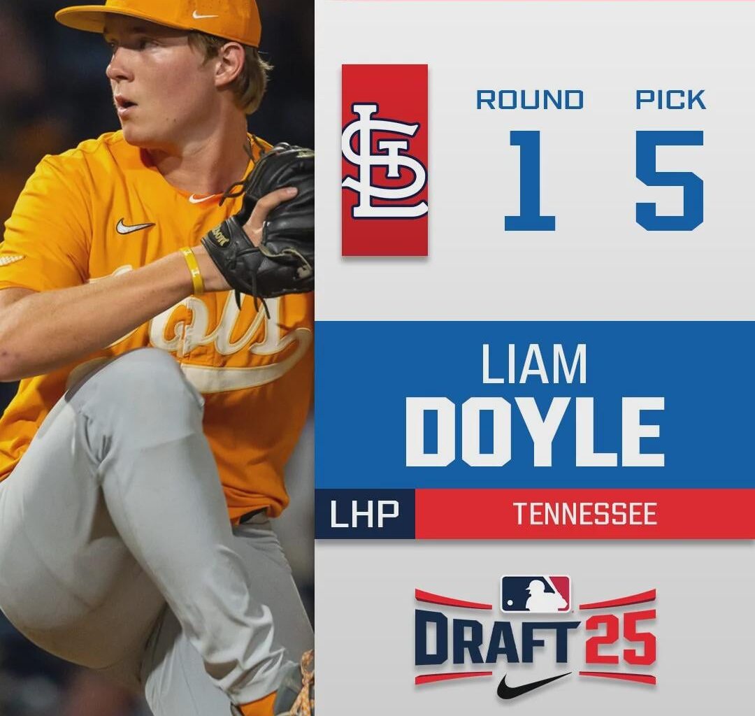 With the fifth pick of the 2025 MLB draft, the St. Louis Cardinals select LHP Liam Doyle out of the University of Tennessee