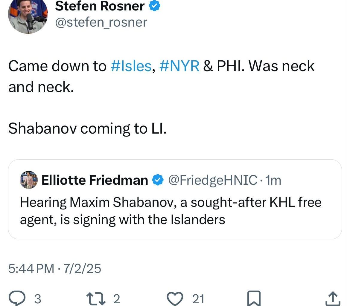 [Rosner]: Shabanov coming to LI.
