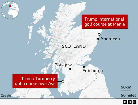 Map of Scotland showing Trump's golf courses at Turnberry and Menie