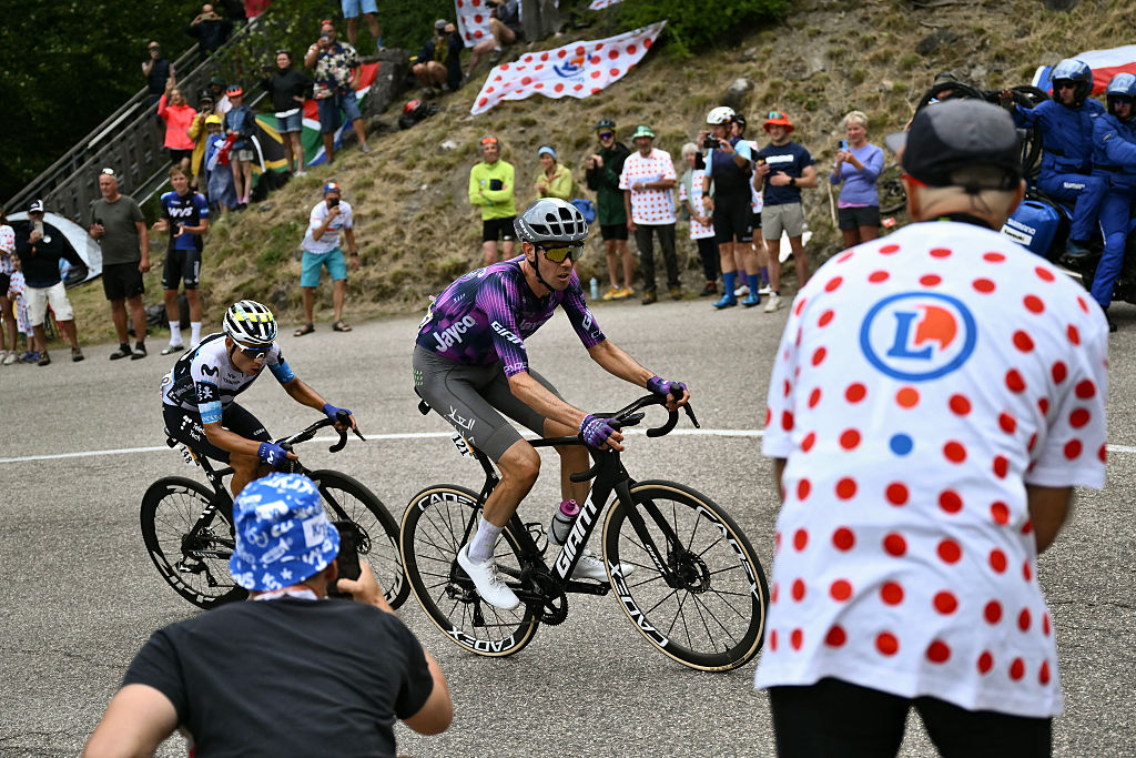 Movistar Team's Colombian rider Einer Rubio and Team Jayco AlUla team's Australian rider Ben O'Connor cycle in a breakaway in the ascent of Col de la Loze during the 18th stage of the 112th edition of the Tour de France cycling race, 171.5 km between Vif and Courchevel Col de la Loze, in the Alps, southeastern France, on July 24, 2025. (Photo by Marco BERTORELLO / AFP)