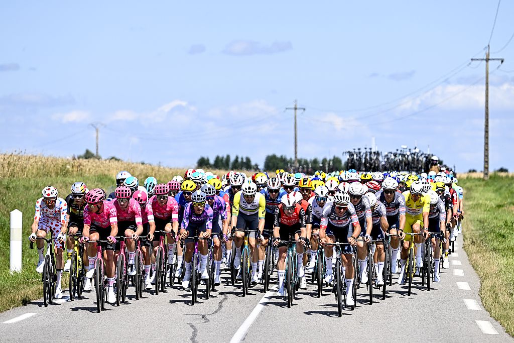 The pack of riders pictured in action during the fourth stage of the 2025 Tour de France cycling, Amien Metropole - Rouen (173 km), on Tuesday 08 July 2025 in France. The 112th edition of the Tour de France starts on Saturday 5 July in Lille, France, and will finish in Paris, France on the 27th of July. BELGA PHOTO POOL JAN DE MEULENEIR (Photo by POOL JAN DE MEULENEIR / BELGA MAG / Belga via AFP)