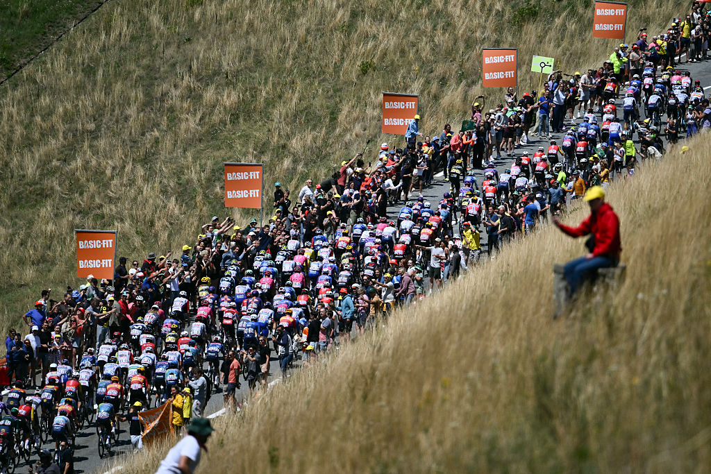 The pack of riders (peloton) cycles during the 18th stage of the 112th edition of the Tour de France cycling race, 171.5 km between Vif and Courchevel Col de la Loze, in the Alps, southeastern France, on July 24, 2025. (Photo by Marco BERTORELLO / AFP)