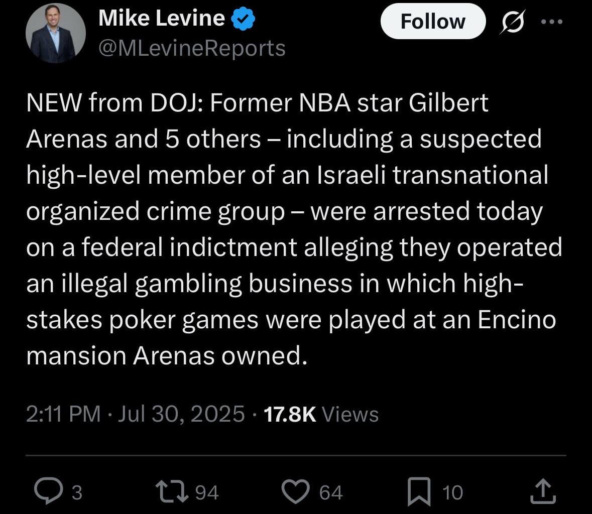 Gilbert Arenas arrested today for allegedly running illegal gambling ring