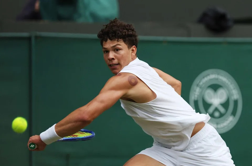 Ben Shelton in action at Wimbledon on July 7, 2025. REUTERS
