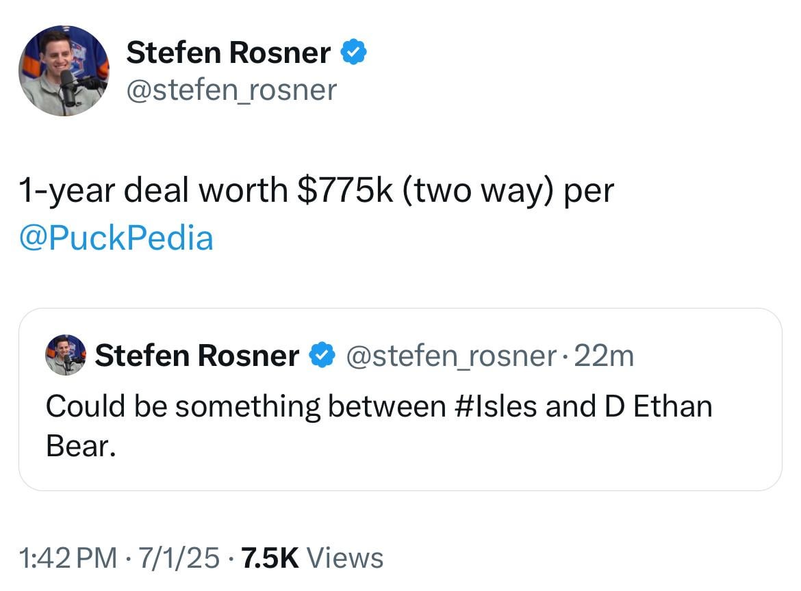 [Rosner]: Isles sign D Ethan Bear to 1-year deal worth 775k