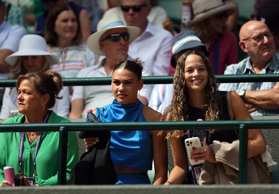 (L-R) Ben Shelton’s parents, Bryan and Lisa, his girlfriend Trinity Rodman, and his sister supporting him at the men’s singles fourth round match against Lorenzo Sonego of Italy at the Wimbledon Championships in London, July 7, 2025. REUTERS