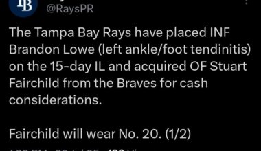 [RaysPR] B Lowe to 15-day IL, acquired Stuart Fairchild from ATL for cash.