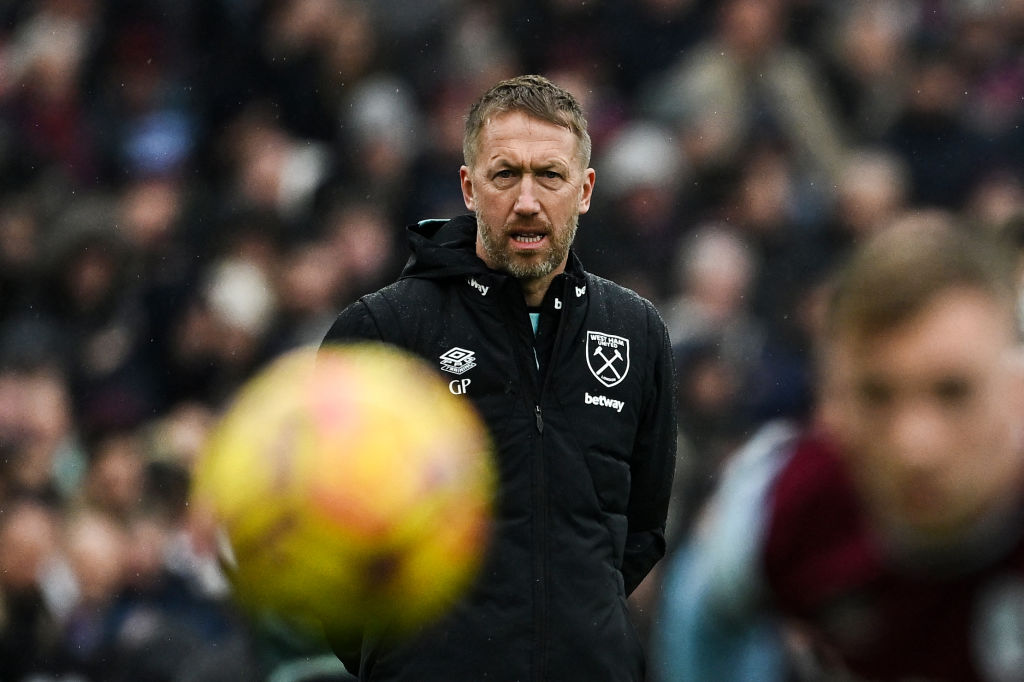 West Ham United's English head coach Graham Potter reacts during the English Premier League football match between West Ham United and Brentford at the London Stadium, in London on February 15, 2025.
