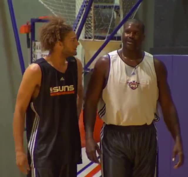 "I'm like Osain Bolton with that form." Shaq shows off his new running form to his rookie Robin Lopez (2008)