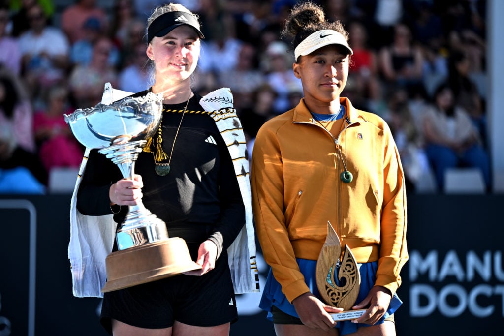 Naomi Osaka and Clara Tauson pose with their trophies after the 2025 ASB Classic final