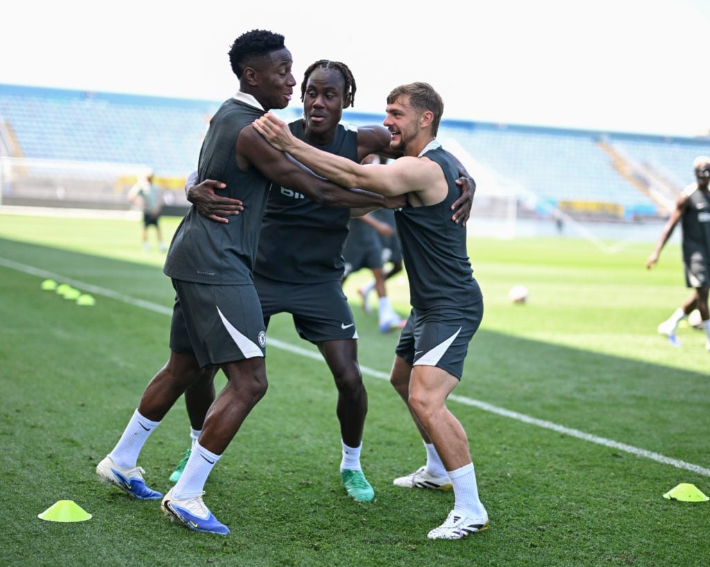 Chelsea players Dario Essugo, Trevoh Chalobah and Kiernan Dewsbury-Hall in training at the Club World Cup.