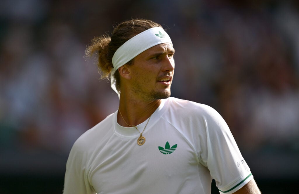 Alexander Zverev of Germany reacts against Arthur Rinderknech of France on day two of The Championships Wimbledon 2025 at All England Lawn Tennis and Croquet Club.