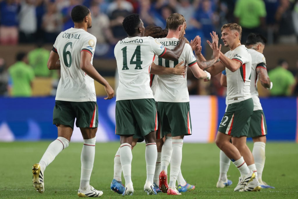 Several Chelsea players celebrate after beating Palmeiras at the Club World Cup.