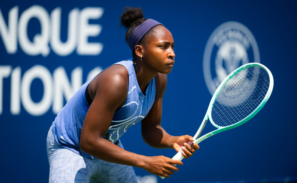 Coco Gauff of the United States during practice ahead of the National Bank Open at Stade IGA on July 25, 2025 in Montreal, Quebec