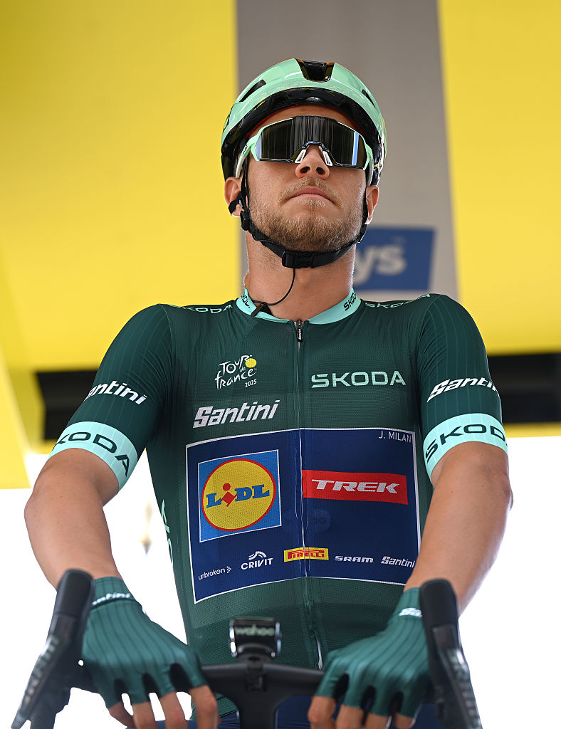 AMIENS, FRANCE - JULY 08: Jonathan Milan of Italy and Team Lidl - Trek - Green Sprint Jersey prior to the 112th Tour de France, Stage 4 a 174.2km stage from Amiens Metropole to Rouen / #UCIWT / on July 08, 2025 in Amiens, France. (Photo by Dario Belingheri/Getty Images)
