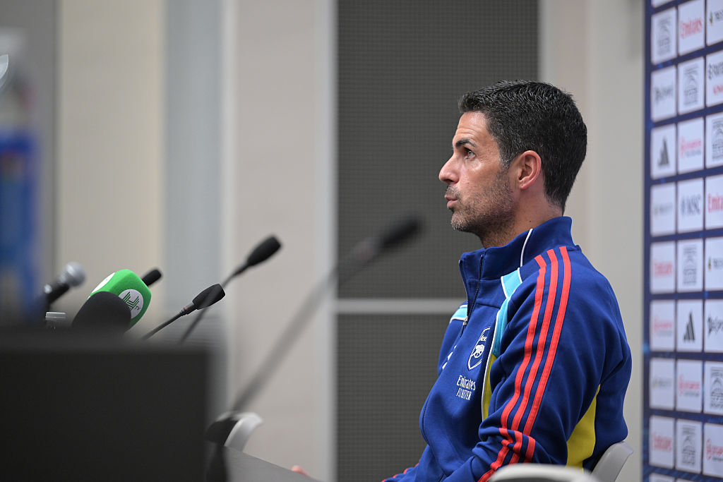 Arsenal manager Mikel Arteta speaks to the media at the National Stadium July 21, 2025 in Singapore.