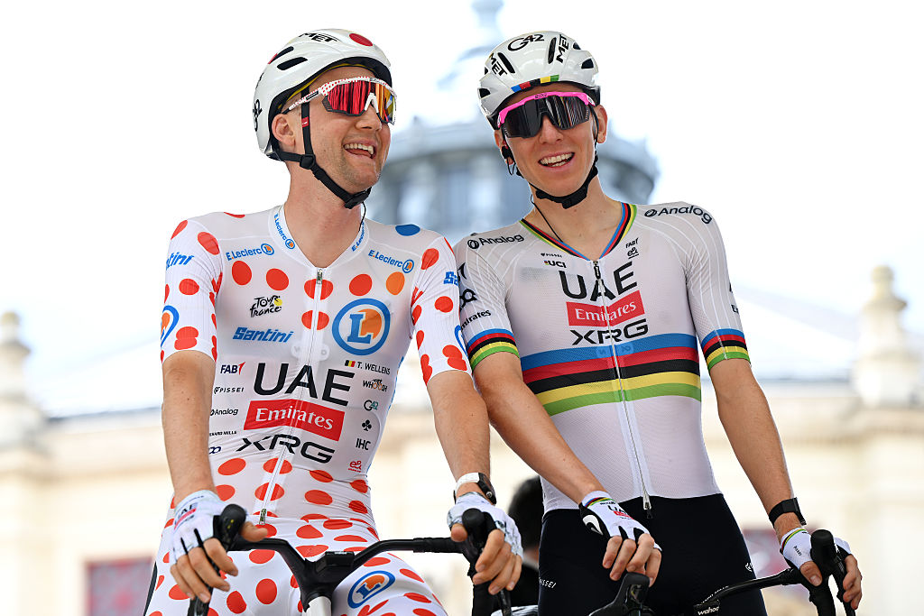 AMIENS, FRANCE - JULY 08: (L-R) Tim Wellens of Belgium - Polka Dot Mountain Jersey and Tadej Pogacar of Slovenia and UAE Team Emirates - XRG prior to the 112th Tour de France, Stage 4 a 174.2km stage from Amiens Metropole to Rouen / #UCIWT / on July 08, 2025 in Amiens, France. (Photo by Dario Belingheri/Getty Images)