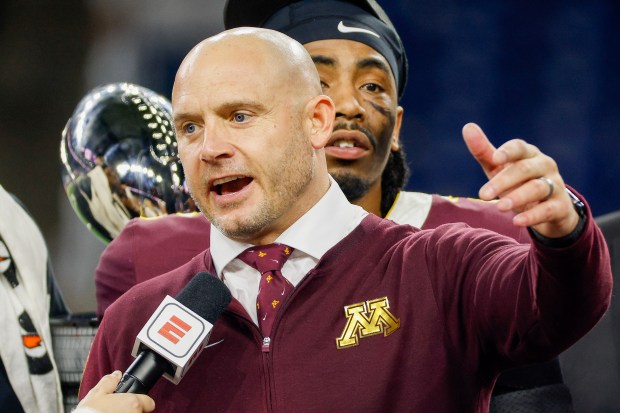 Head coach P.J. Fleck of the Minnesota Golden Gophers is interviewed after the Golden Gophers defeated the Bowling Green Falcons, 30-24, in the Quick Lane Bowl at Ford Field on Dec. 26, 2023 in Detroit, Michigan. (Photo by Mike Mulholland/Getty Images)