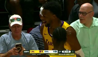 [Highlight] Flagg tries to back Bronny down, crowd gets up, Bronny knocks the ball away but gets called for the foul.