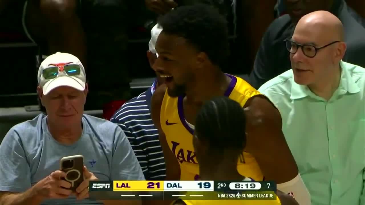 [Highlight] Flagg tries to back Bronny down, crowd gets up, Bronny knocks the ball away but gets called for the foul.