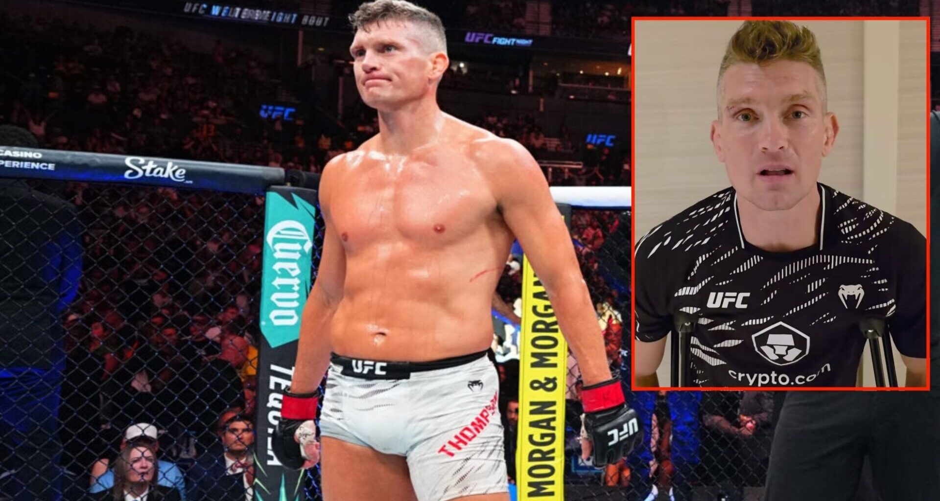 Stephen Thompson reacts to losing at UFC Nashville, inset screenshot from his post-fight social media statement