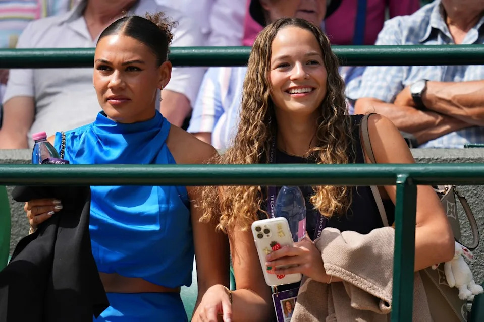 Ben Shelton’s girlfriend Trinity Rodman (L) and Emma Shelton watch the men’s singles fourth round match against Lorenzo Sonego of Italy at the Wimbledon Tennis Championships in London, Monday, July 7, 2025. AP