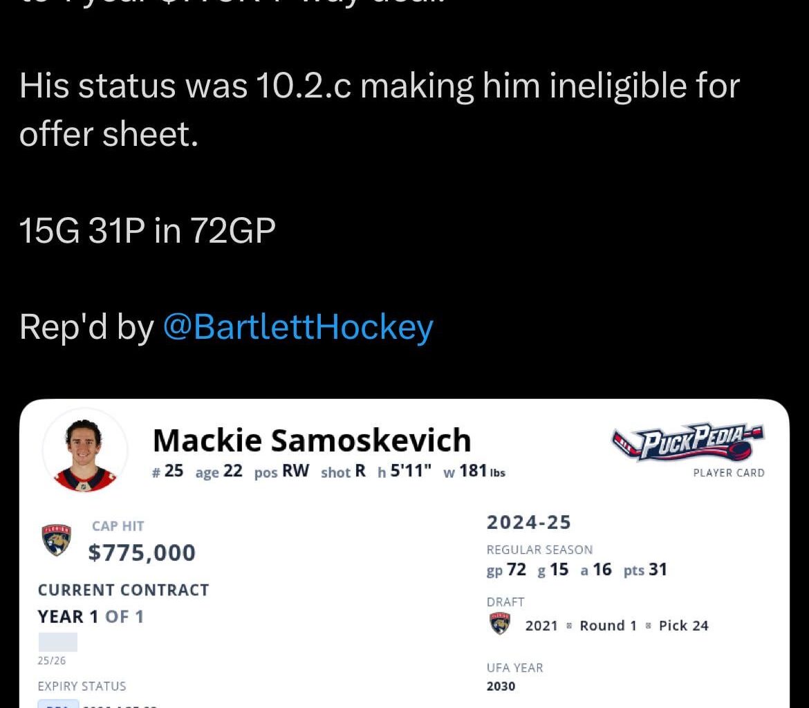 [PuckPedia] The Florida Panthers signed 22 y/o F Samoskevich to 1 year $775K 1-way deal. His status was 10.2.c making him ineligible for offer sheet.