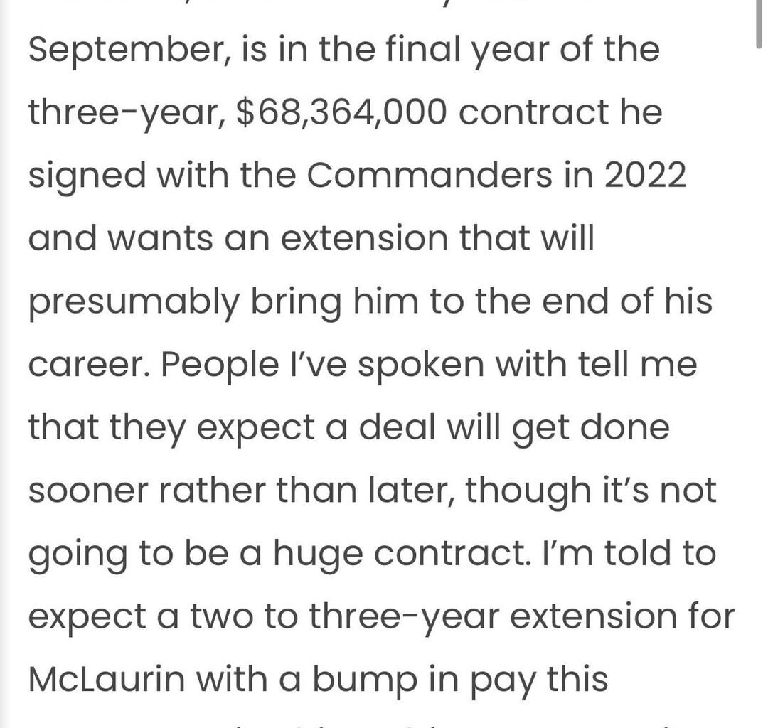 It’s happy hour somewhere so take a shot for a Terry thread. Report says McLaurin extension could come sooner rather than later. Expected to be 2 to 3 years and not a huge contract. Screenshots included because the site is full of ads that make the website annoying. (Link in comments)