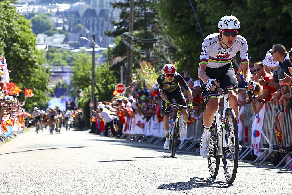 Slovenian Tadej Pogacar of UAE Team Emirates pictured in action during the fourth stage of the 2025 Tour de France cycling, Amien Metropole - Rouen (173 km), on Tuesday 08 July 2025 in France. The 112th edition of the Tour de France starts on Saturday 5 July in Lille, France, and will finish in Paris, France on the 27th of July. BELGA PHOTO DAVID PINTENS (Photo by DAVID PINTENS / BELGA MAG / Belga via AFP)