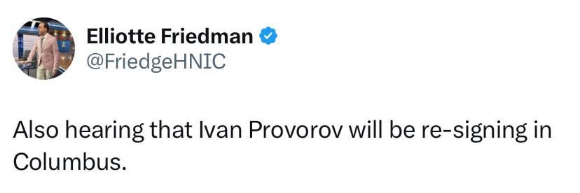 Jackets to re-sign Provorov, per Freidman