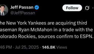 [Passan] The New York Yankees are acquiring third baseman Ryan McMahon in a trade with the Colorado Rockies, sources confirm to ESPN