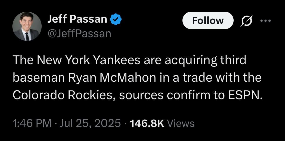 [Passan] The New York Yankees are acquiring third baseman Ryan McMahon in a trade with the Colorado Rockies, sources confirm to ESPN