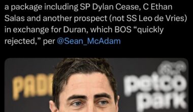 The #Padres are in a “never-ending quest to acquire [Jarren] Duran” and offered the #RedSox a package including SP Dylan Cease, C Ethan Salas and another prospect (not SS Leo de Vries) in exchange for Duran, which BOS “quickly rejected,” per @Sean_McAdam