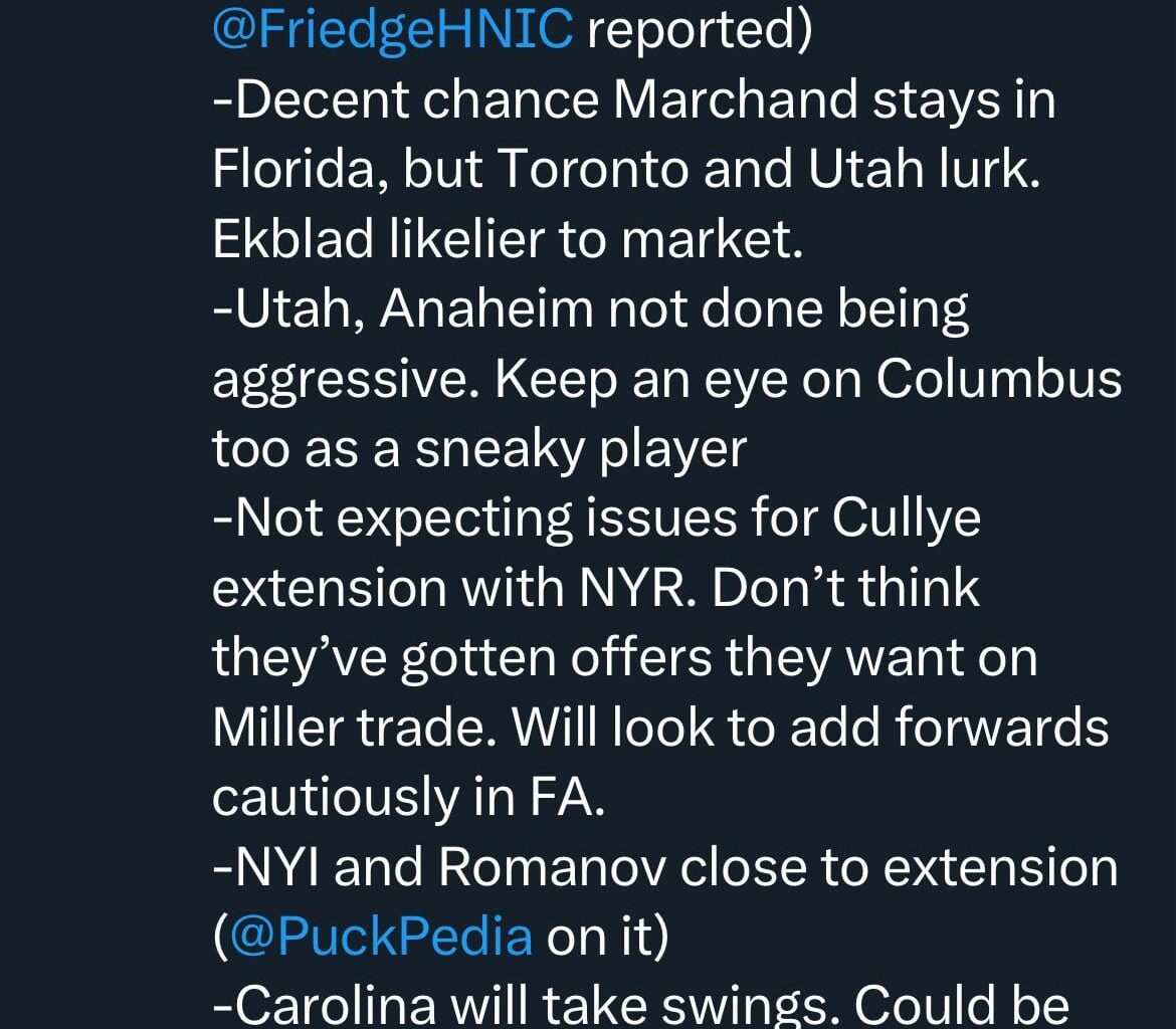 [Kaplan]: “NHL Free Agency opens tomorrow - Here’s a few things I’m hearing…”