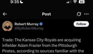 Trade: The Kansas City Royals are acquiring infielder Adam Frazier from the Pittsburgh Pirates, according to sources familiar with the deal. Cam Devanney is going to the Pirates.