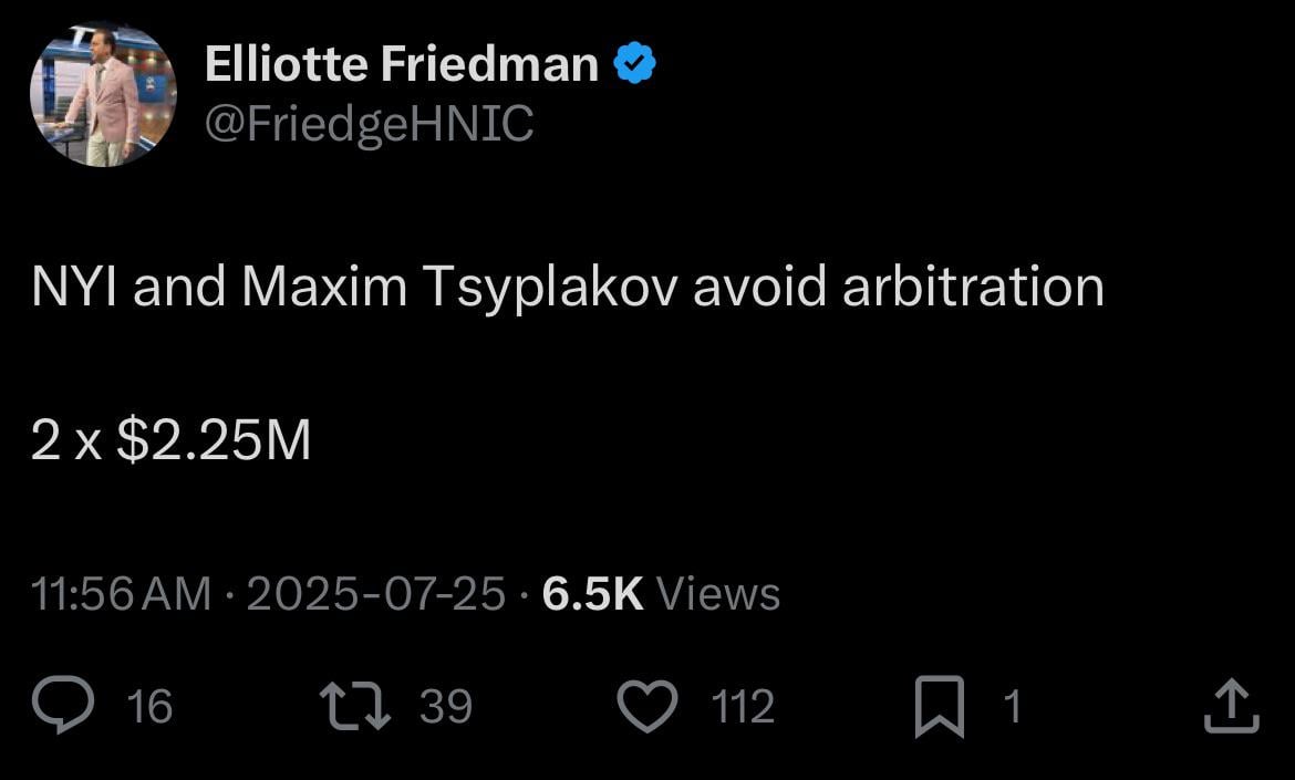 [Friedman] NYI and Maxim Tsyplakov avoid arbitration: 2 x $2.25M
