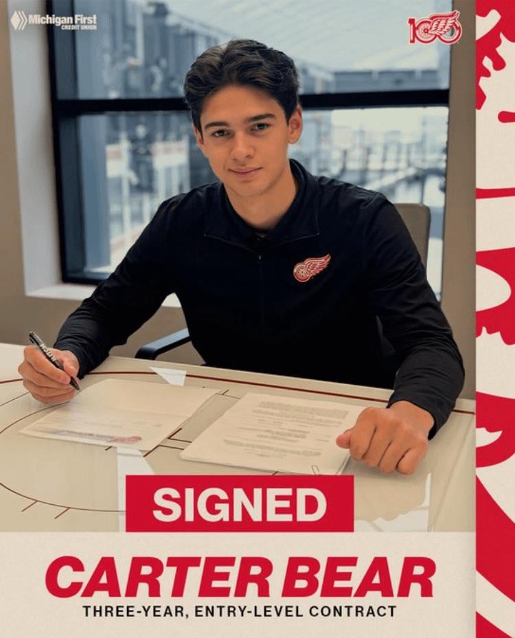 The Red Wings have signed Carter Bear to a three-year, entry-level contract.
