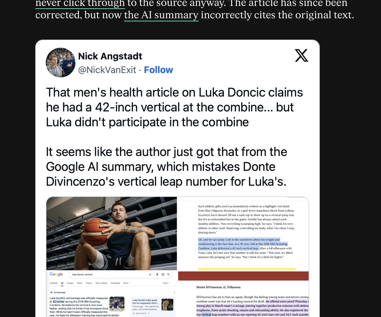 Google AI confused Luka Doncic's vertical with Donte Divincenzo's from the combine....