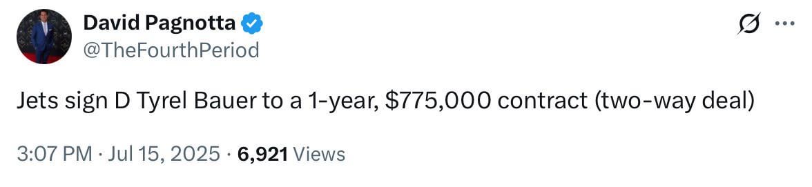 [Pagnotta] Jets sign D Tyrel Bauer to a 1-year, $775,000 contract (two-way deal)