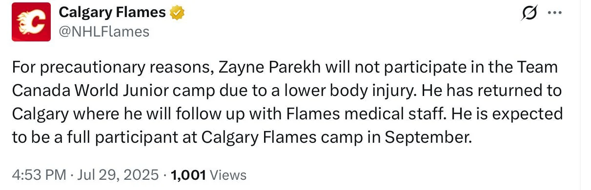 Zayne Parekh update from the Flames