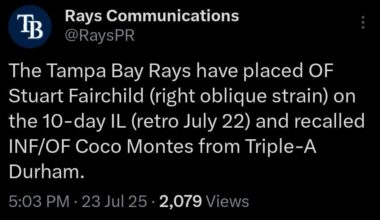 [RaysPR] Stuart Fairchild to 10-day IL, Coco Montes up from Durham