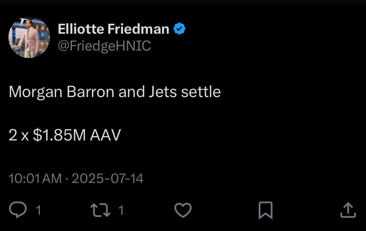 [Friedman] Morgan Barron and Jets settle: 2 x $1.85M AAV